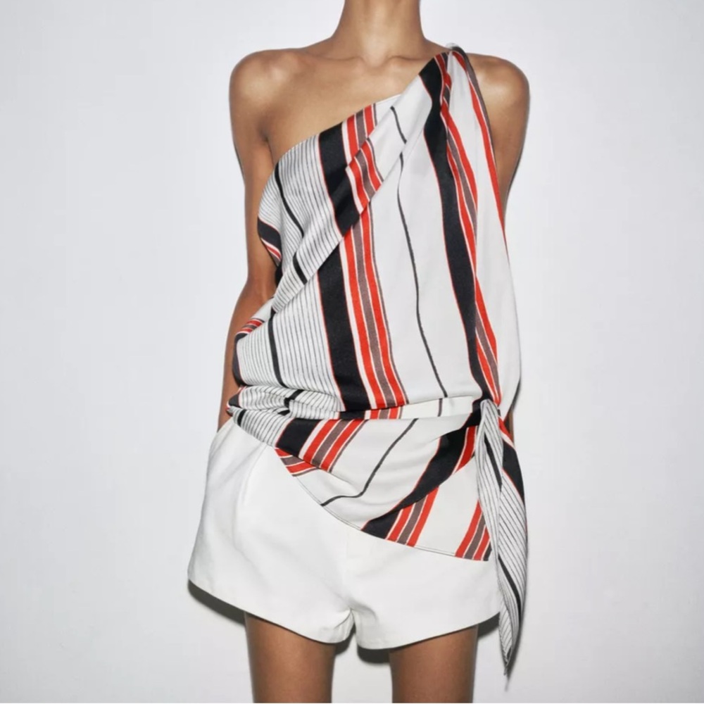 Zara One-Shoulder Striped Top in White, Black & Red